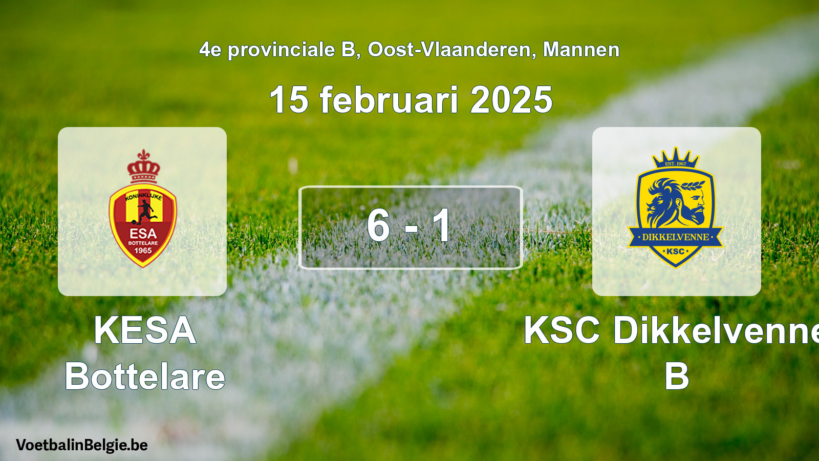 Gespeelde wedstrijd mannenvoetbal: KESA Bottelare - KSC Dikkelvenne B 6 - 1 (15 februari 2025)
