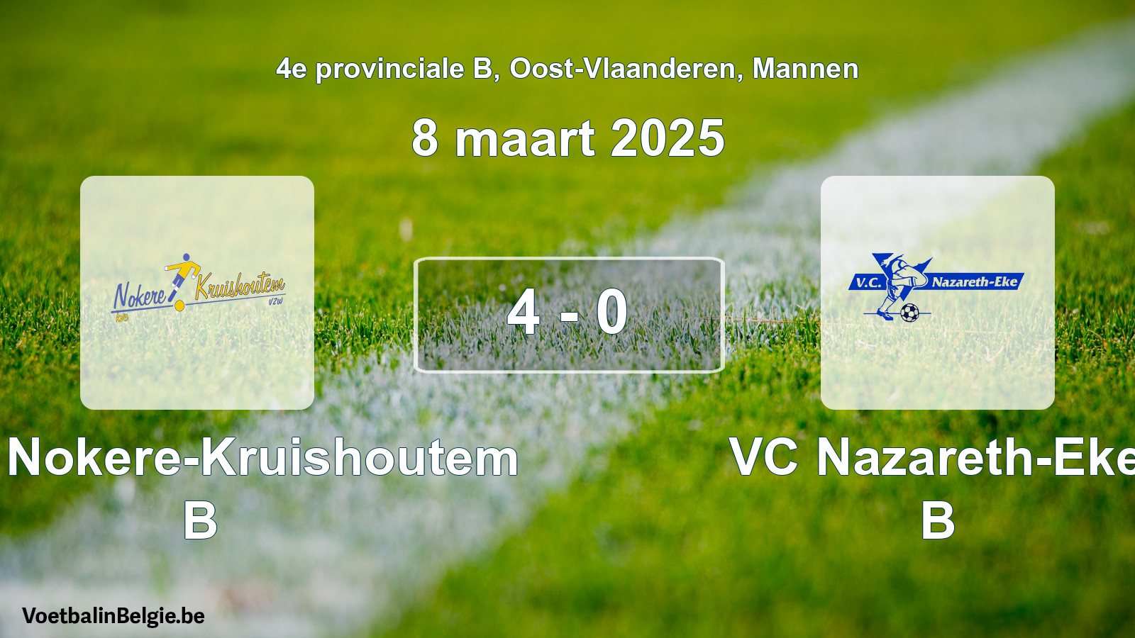 Gespeelde wedstrijd mannenvoetbal: KVC Nokere-Kruishoutem B - VC Nazareth-Eke B 4 - 0 (8 maart 2025)