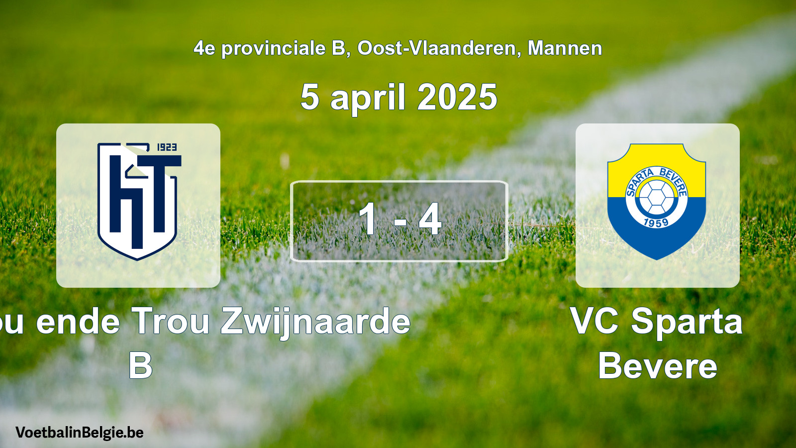 Gespeelde wedstrijd mannenvoetbal: KVV Hou ende Trou Zwijnaarde B - VC Sparta Bevere 1 - 4 (5 april 2025)