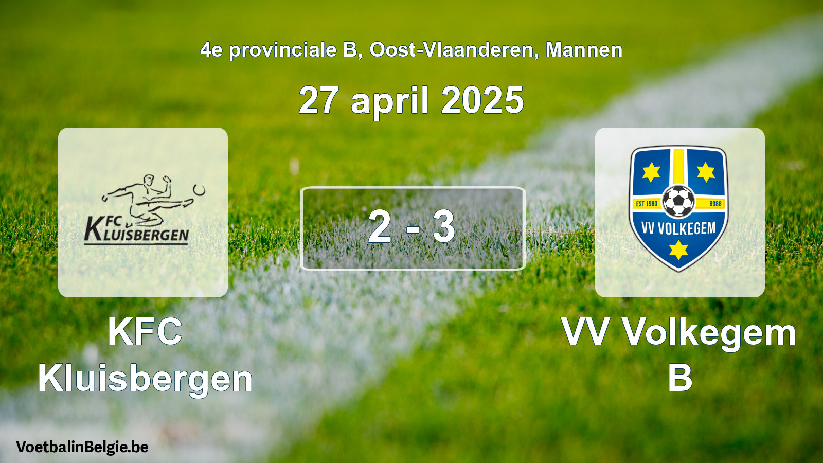 Gespeelde wedstrijd mannenvoetbal: KFC Kluisbergen - VV Volkegem B 2 - 3 (27 april 2025)