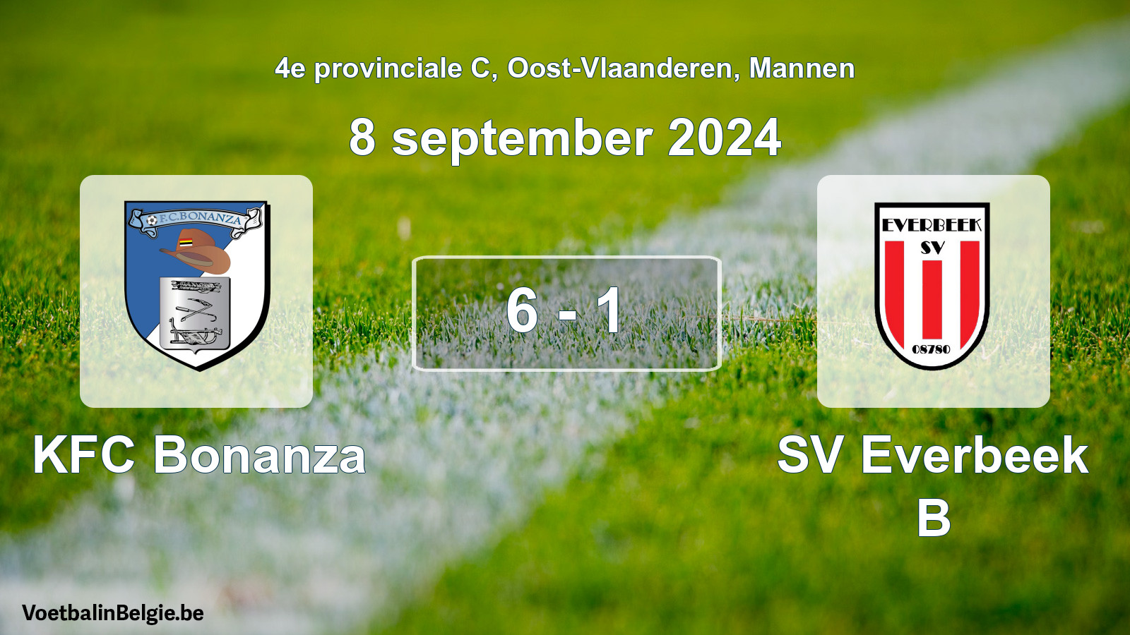Gespeelde wedstrijd mannenvoetbal: KFC Bonanza - SV Everbeek B 6 - 1 (8 september 2024)