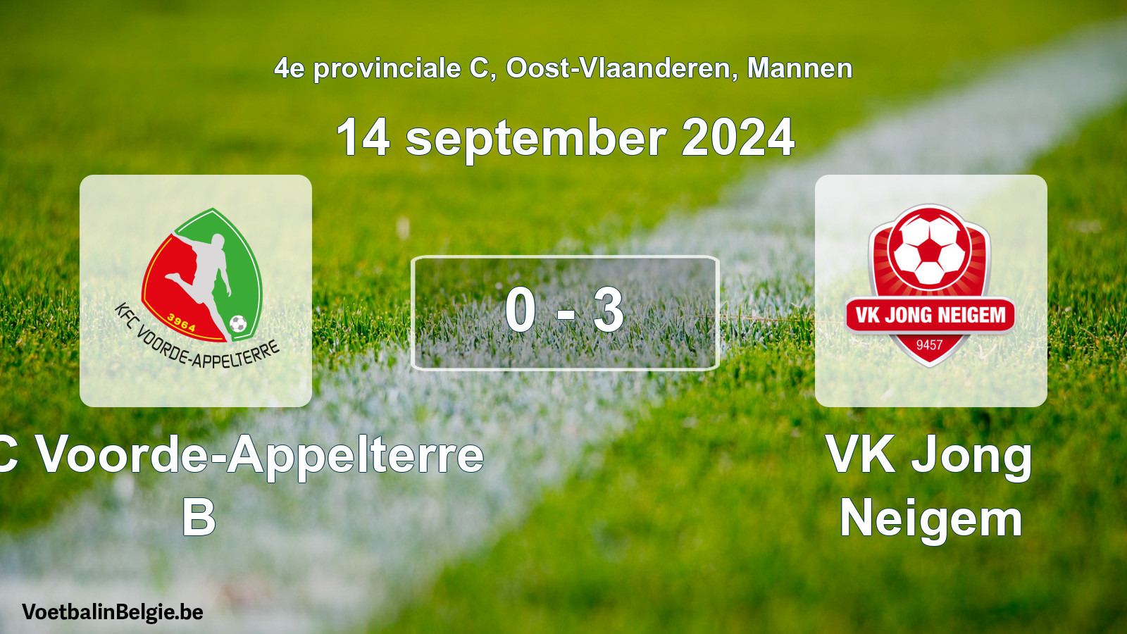 Gespeelde wedstrijd mannenvoetbal: KFC Voorde-Appelterre B - VK Jong Neigem 0 - 3 (14 september 2024)