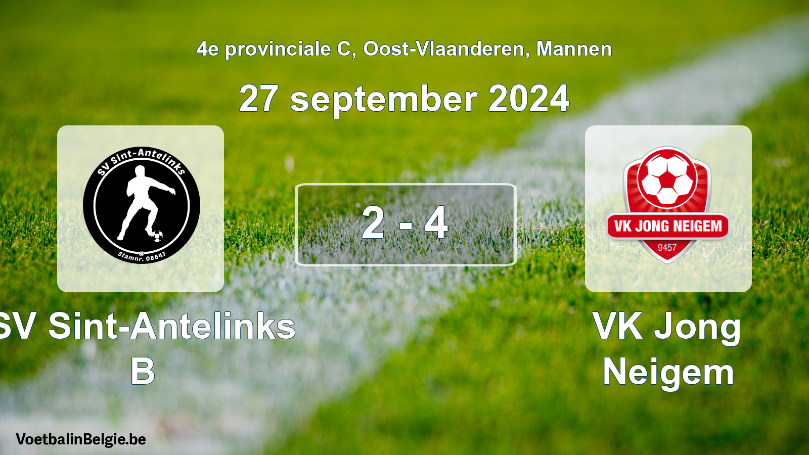 Gespeelde wedstrijd mannenvoetbal: SV Sint-Antelinks B - VK Jong Neigem 2 - 4 (27 september 2024)