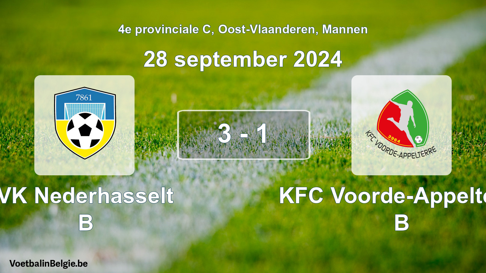 Gespeelde wedstrijd mannenvoetbal: VK Nederhasselt B - KFC Voorde-Appelterre B 3 - 1 (28 september 2024)