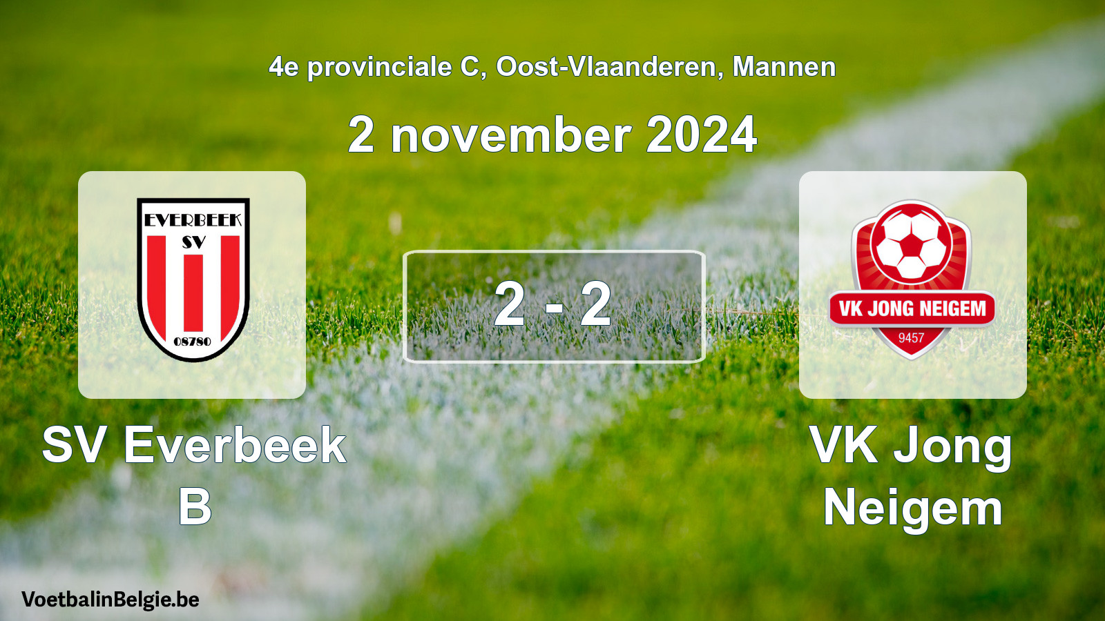 Gespeelde wedstrijd mannenvoetbal: SV Everbeek B - VK Jong Neigem 2 - 2 (2 november 2024)