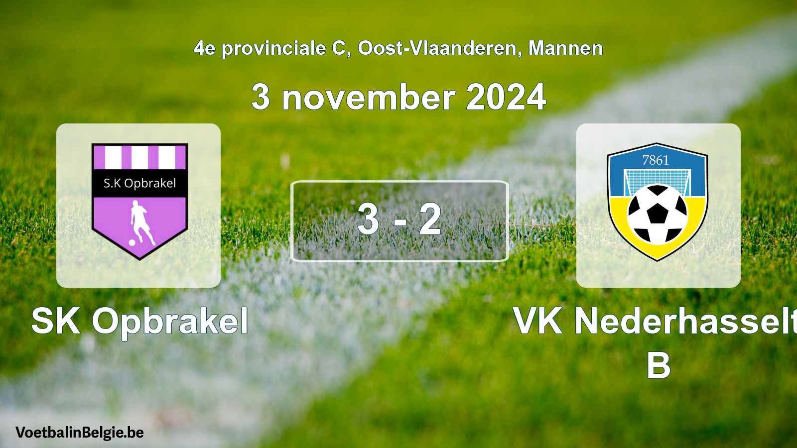 Gespeelde wedstrijd mannenvoetbal: SK Opbrakel - VK Nederhasselt B 3 - 2 (3 november 2024)