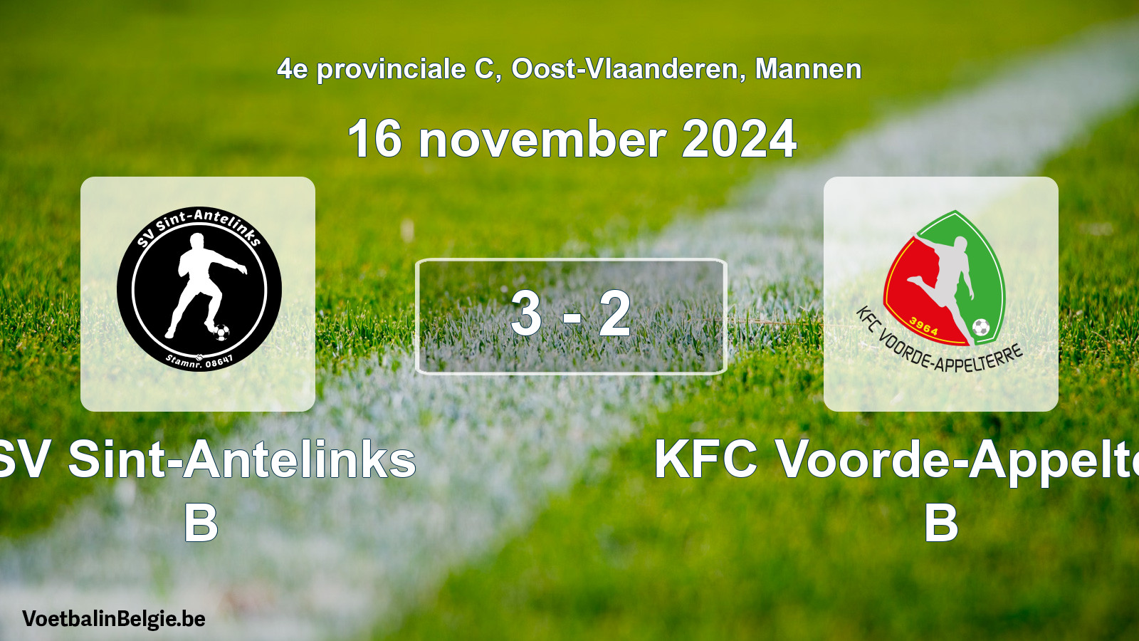 Gespeelde wedstrijd mannenvoetbal: SV Sint-Antelinks B - KFC Voorde-Appelterre B 3 - 2 (16 november 2024)
