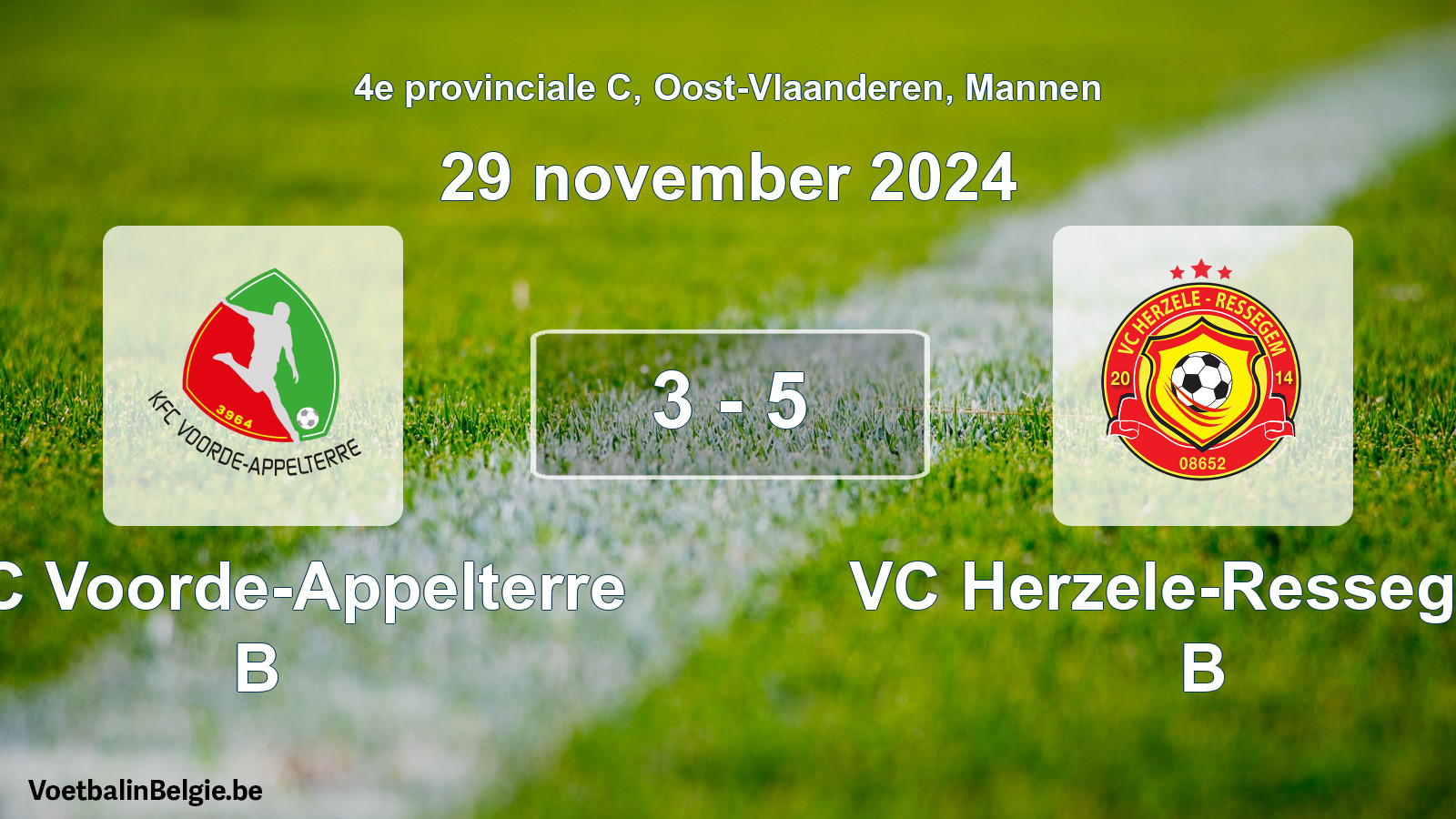 Gespeelde wedstrijd mannenvoetbal: KFC Voorde-Appelterre B - VC Herzele-Ressegem B 3 - 5 (29 november 2024)