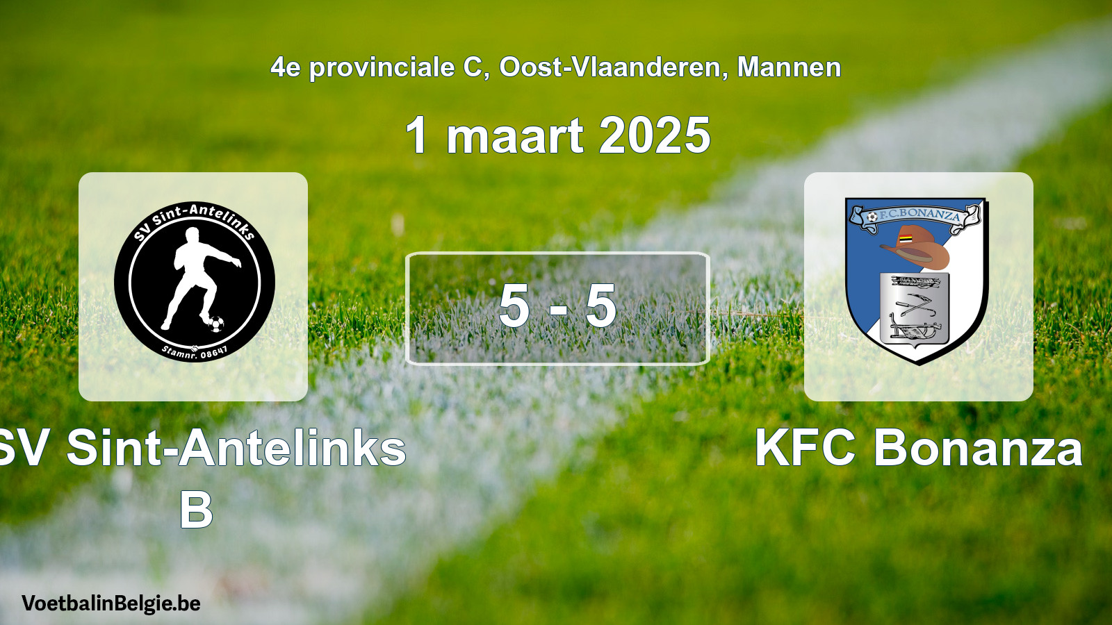 Gespeelde wedstrijd mannenvoetbal: SV Sint-Antelinks B - KFC Bonanza 5 - 5 (1 maart 2025)