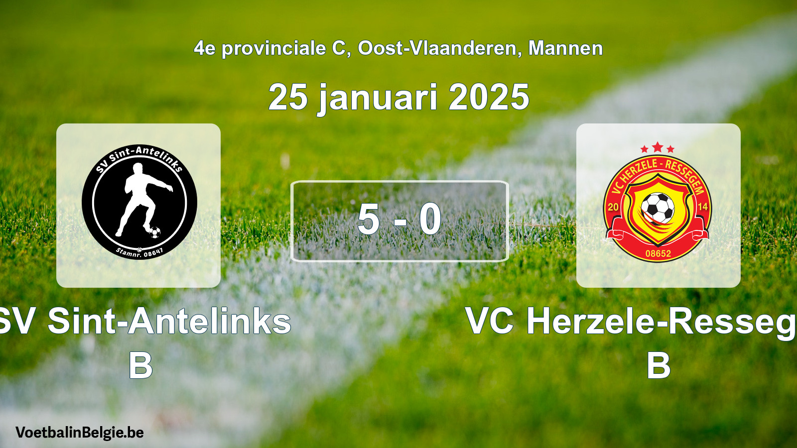 Gespeelde wedstrijd mannenvoetbal: SV Sint-Antelinks B - VC Herzele-Ressegem B 5 - 0 (25 januari 2025)