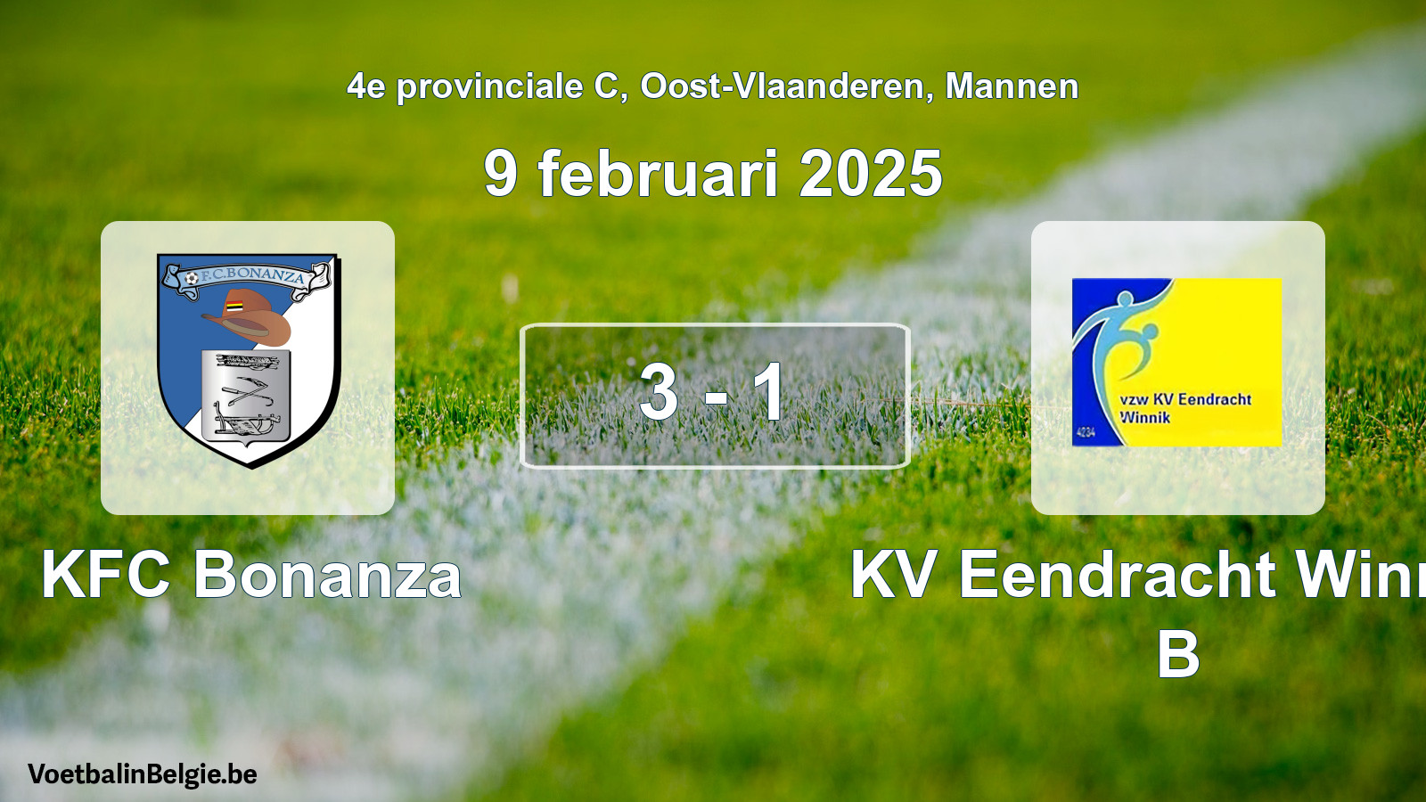 Gespeelde wedstrijd mannenvoetbal: KFC Bonanza - KV Eendracht Winnik B 3 - 1 (9 februari 2025)