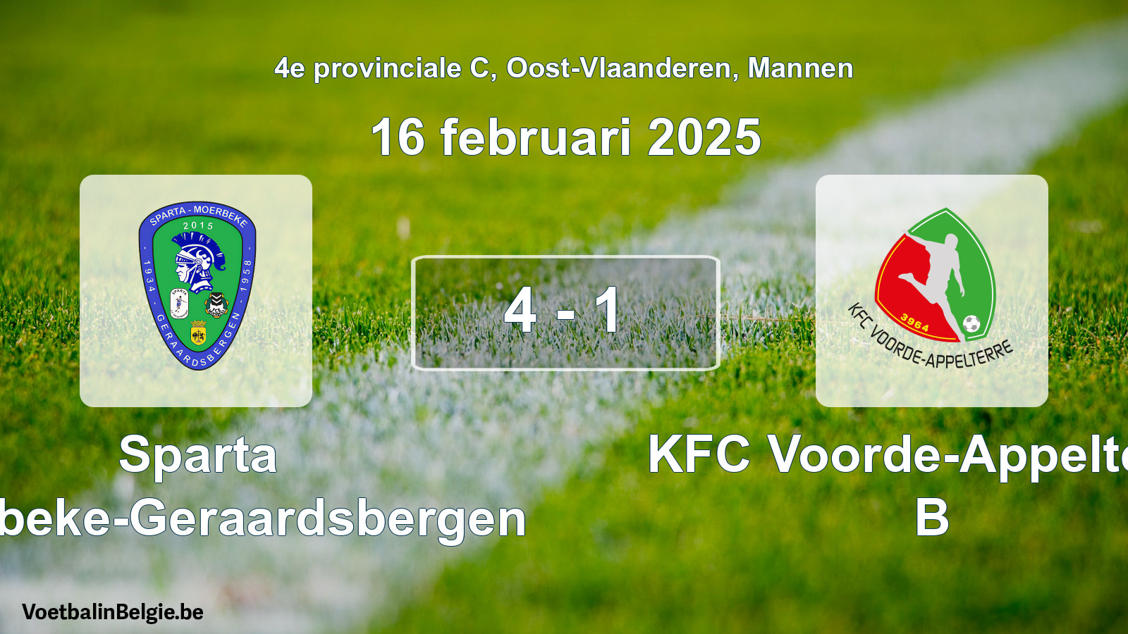 Played match men football: Sparta Moerbeke-Geraardsbergen - KFC Voorde-Appelterre B 4 - 1 (16 February 2025)