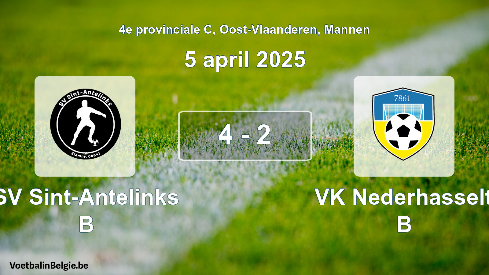 Gespeelde wedstrijd mannenvoetbal: SV Sint-Antelinks B - VK Nederhasselt B 4 - 2 (5 april 2025)
