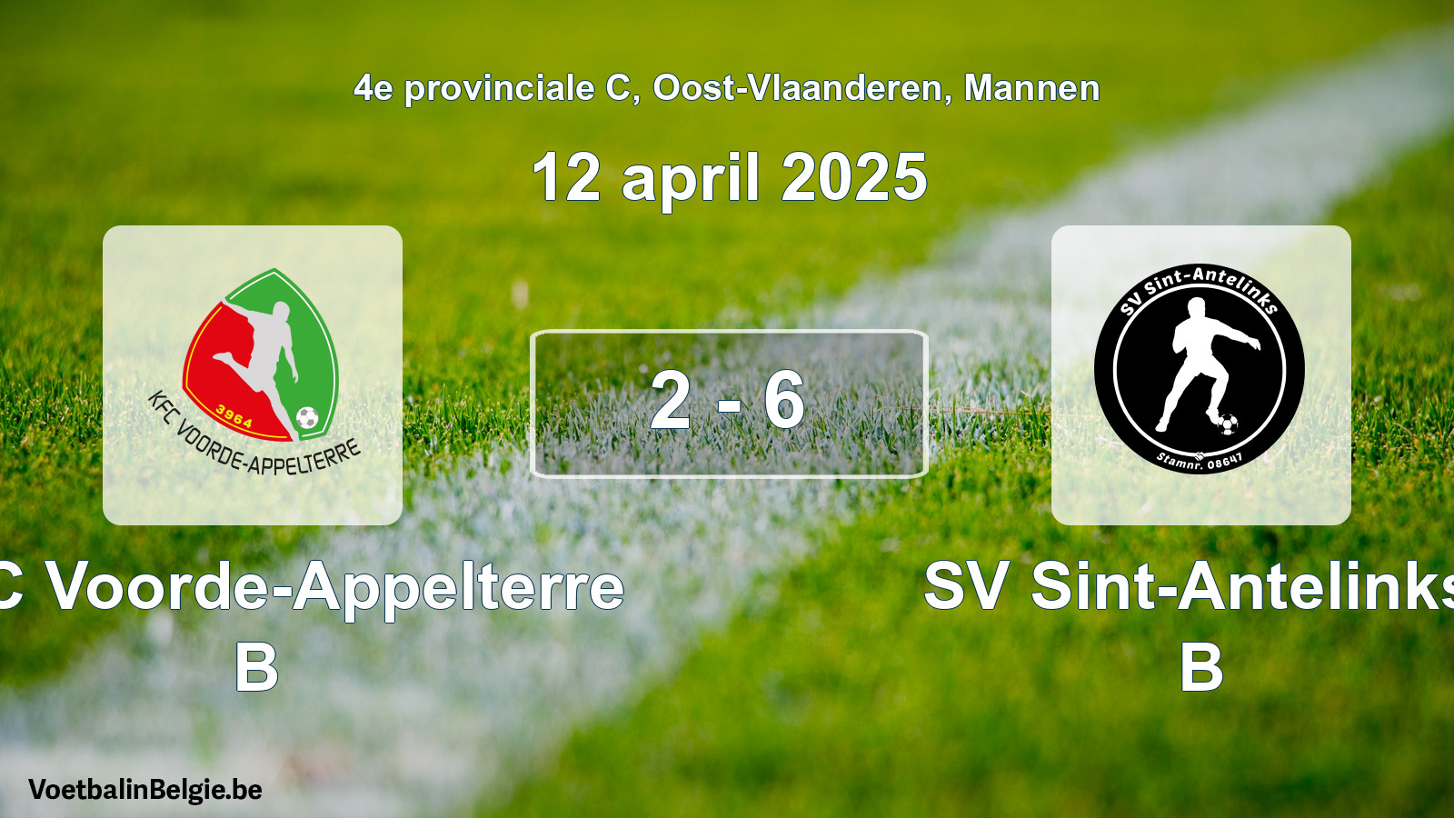 Gespeelde wedstrijd mannenvoetbal: KFC Voorde-Appelterre B - SV Sint-Antelinks B 2 - 6 (12 april 2025)