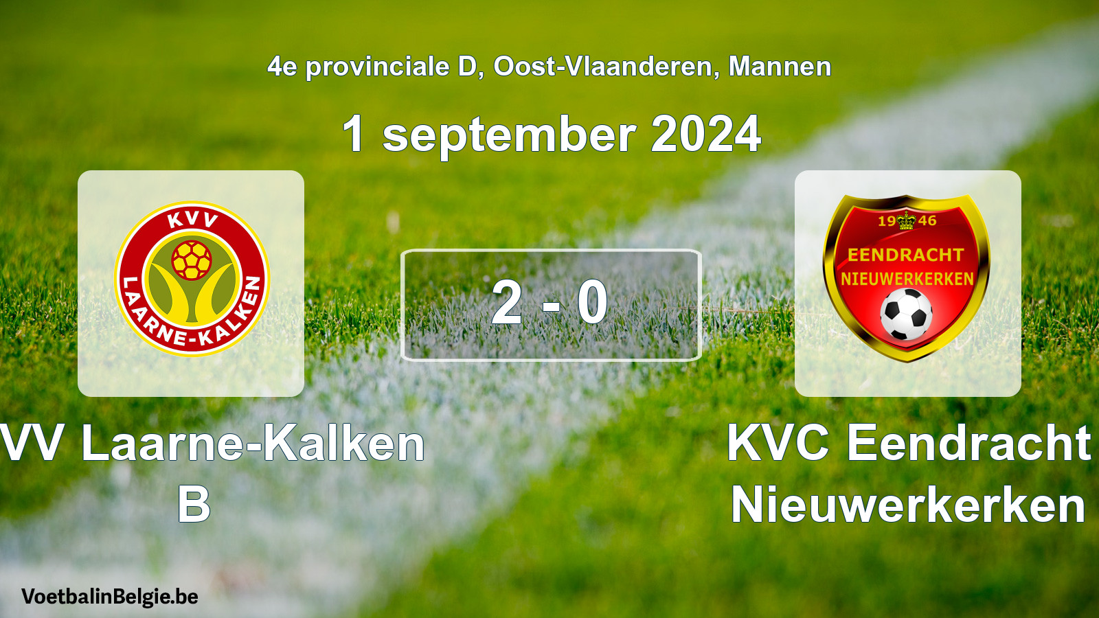 Gespeelde wedstrijd mannenvoetbal: KVV Laarne-Kalken B - KVC Eendracht Nieuwerkerken 2 - 0 (1 september 2024)