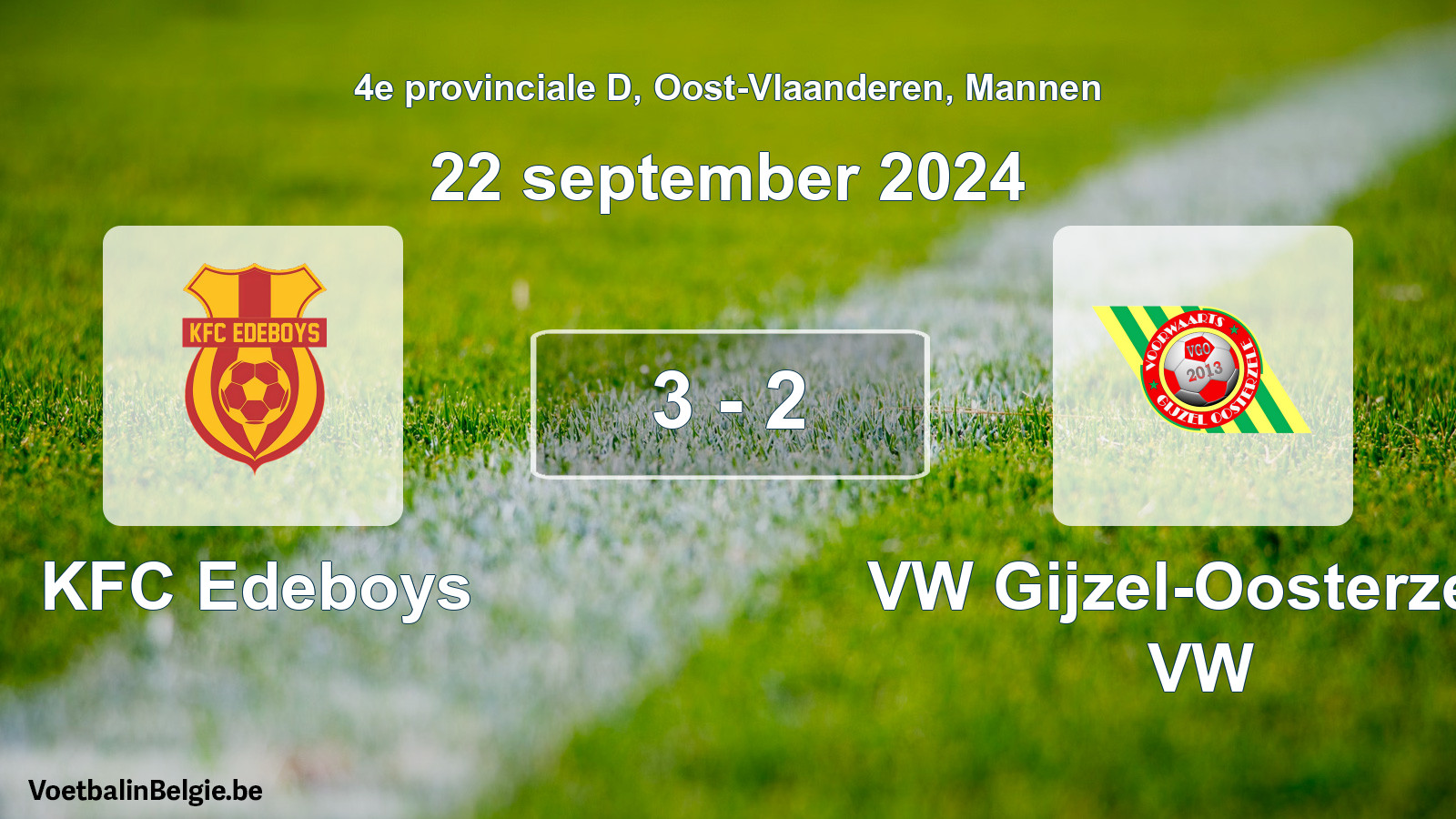 Gespeelde wedstrijd mannenvoetbal: KFC Edeboys - VW Gijzel-Oosterzele VW 3 - 2 (22 september 2024)