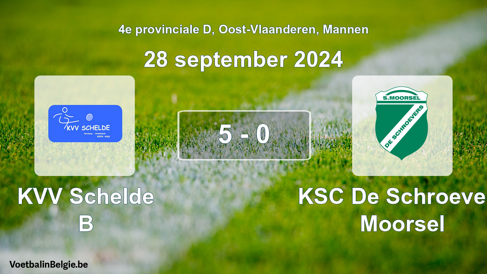 Gespeelde wedstrijd mannenvoetbal: KVV Schelde B - KSC De Schroevers Moorsel 5 - 0 (28 september 2024)