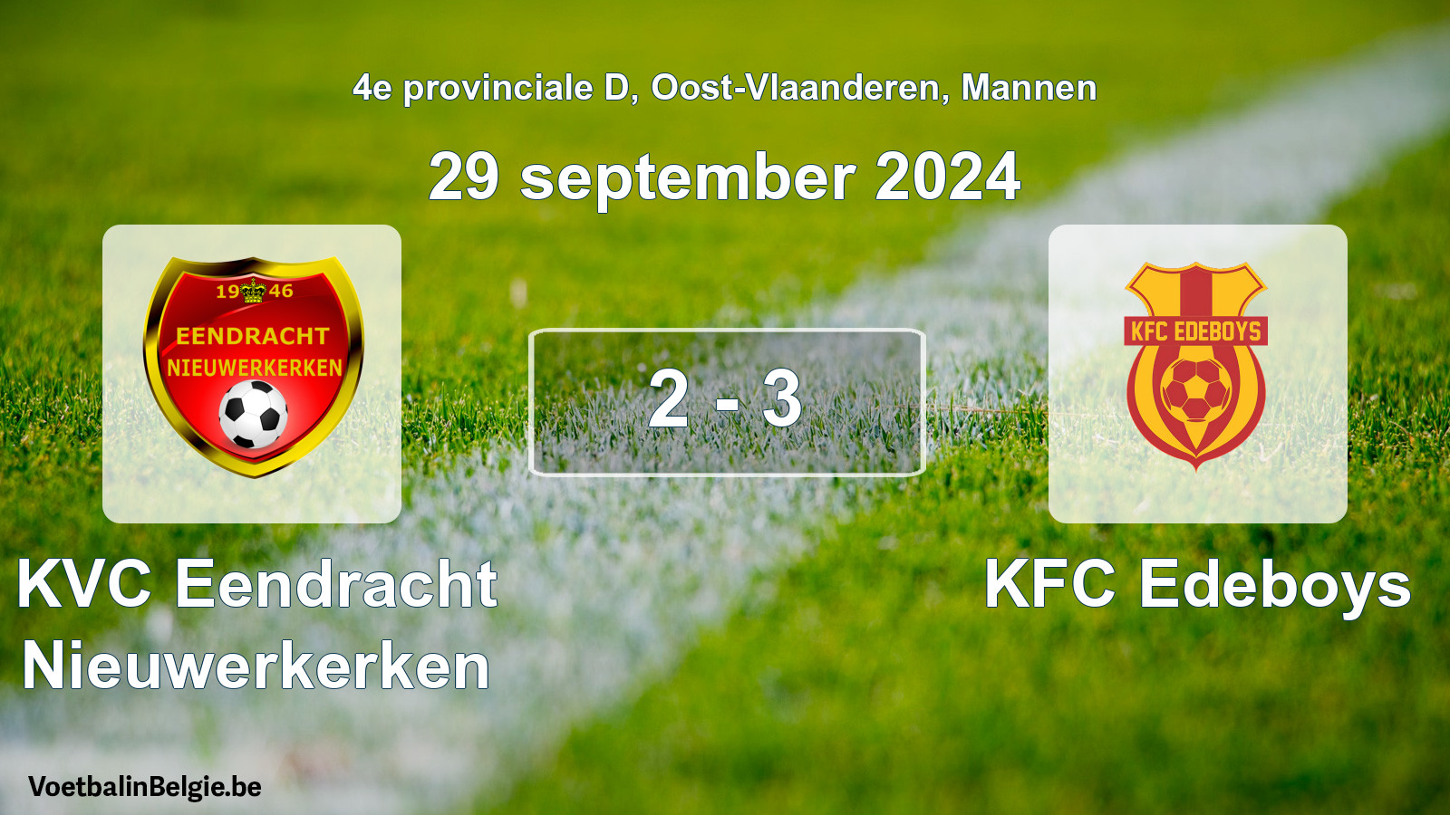 Gespeelde wedstrijd mannenvoetbal: KVC Eendracht Nieuwerkerken - KFC Edeboys 2 - 3 (29 september 2024)