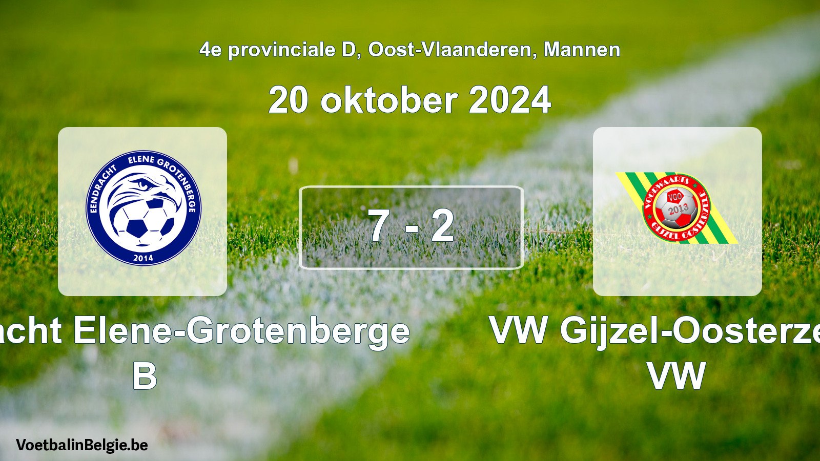 Gespeelde wedstrijd mannenvoetbal: Eendracht Elene-Grotenberge B - VW Gijzel-Oosterzele VW 7 - 2 (20 oktober 2024)