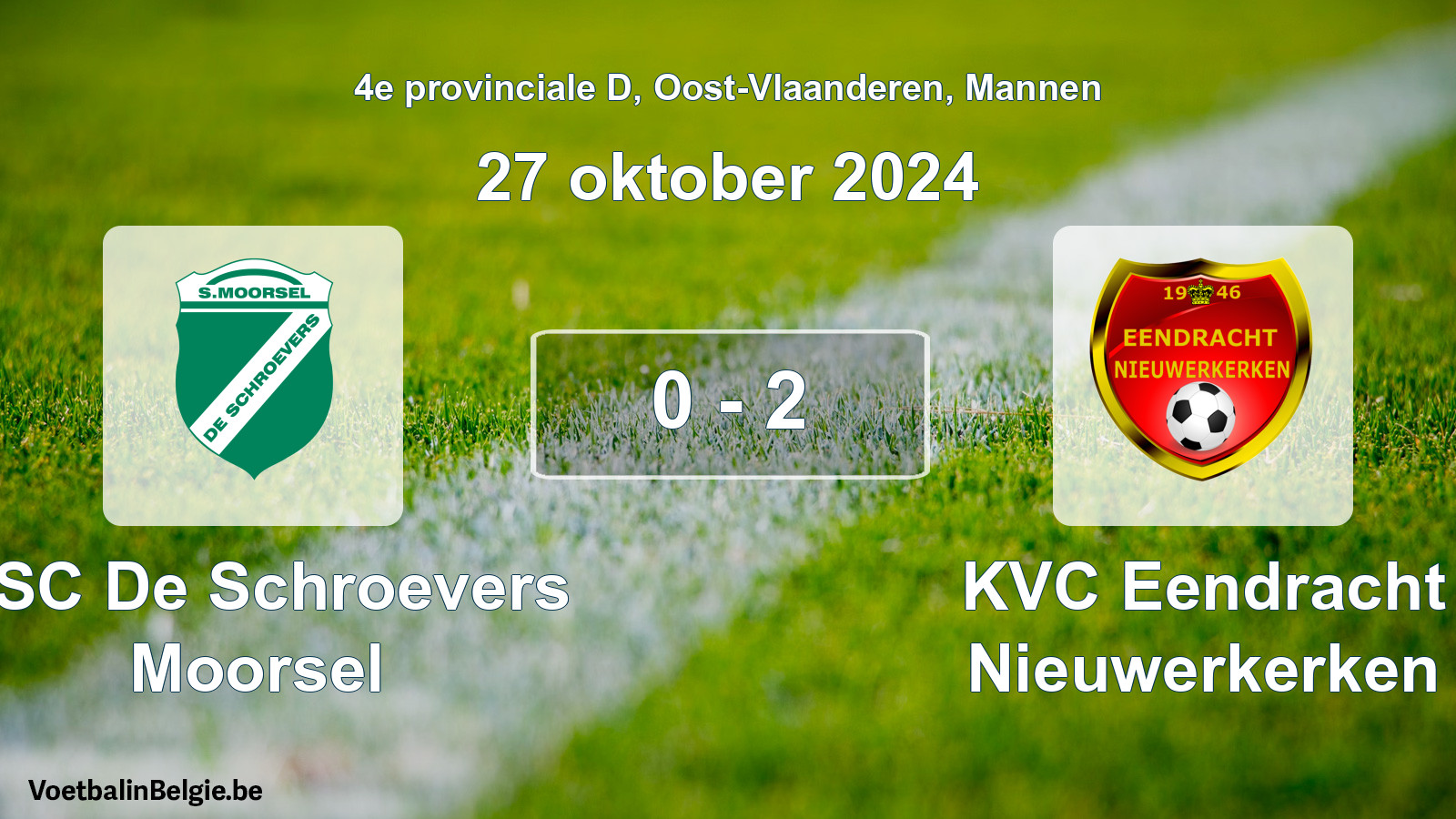 Gespeelde wedstrijd mannenvoetbal: KSC De Schroevers Moorsel - KVC Eendracht Nieuwerkerken 0 - 2 (27 oktober 2024)