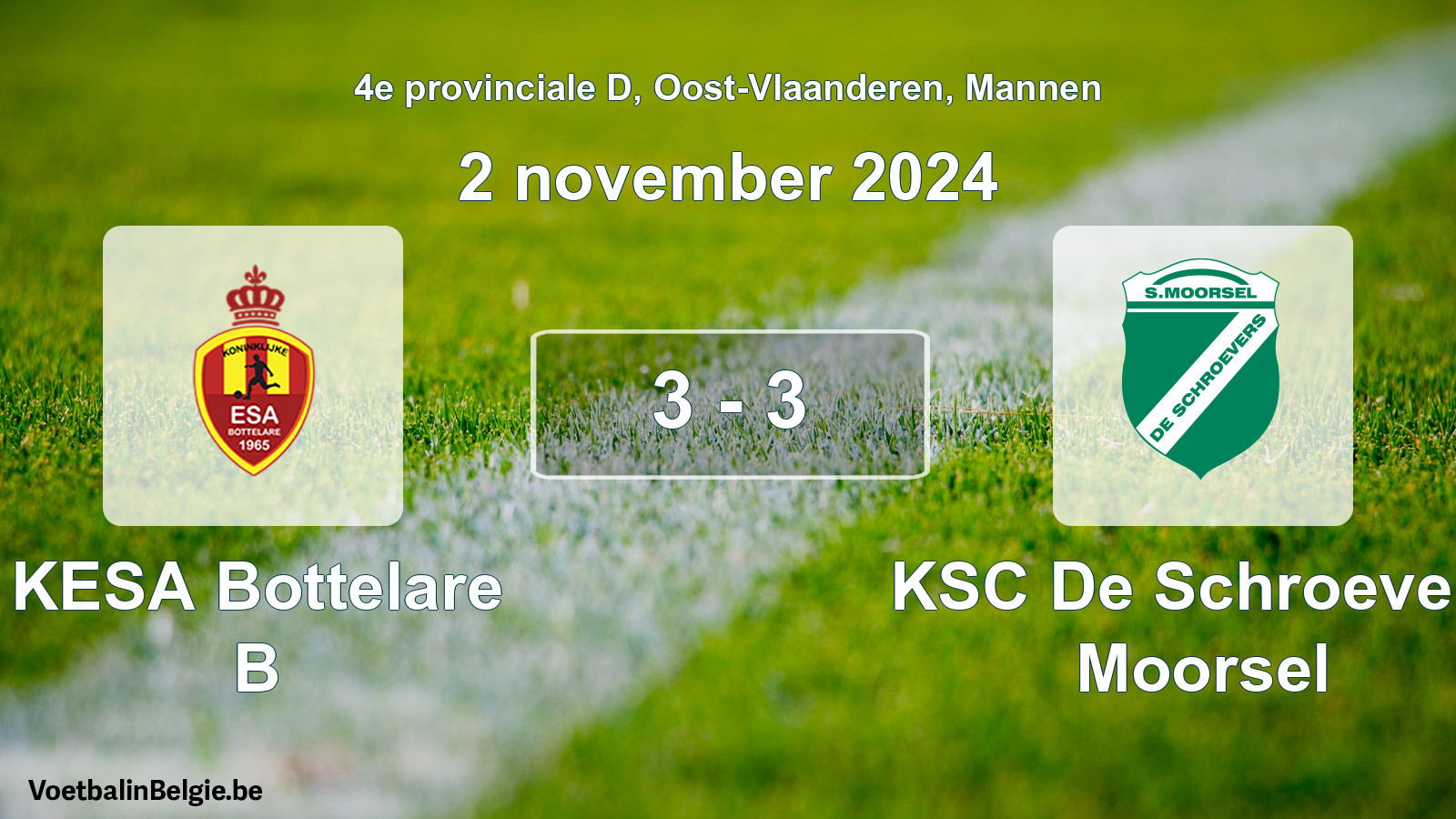 Gespeelde wedstrijd mannenvoetbal: KESA Bottelare B - KSC De Schroevers Moorsel 3 - 3 (2 november 2024)