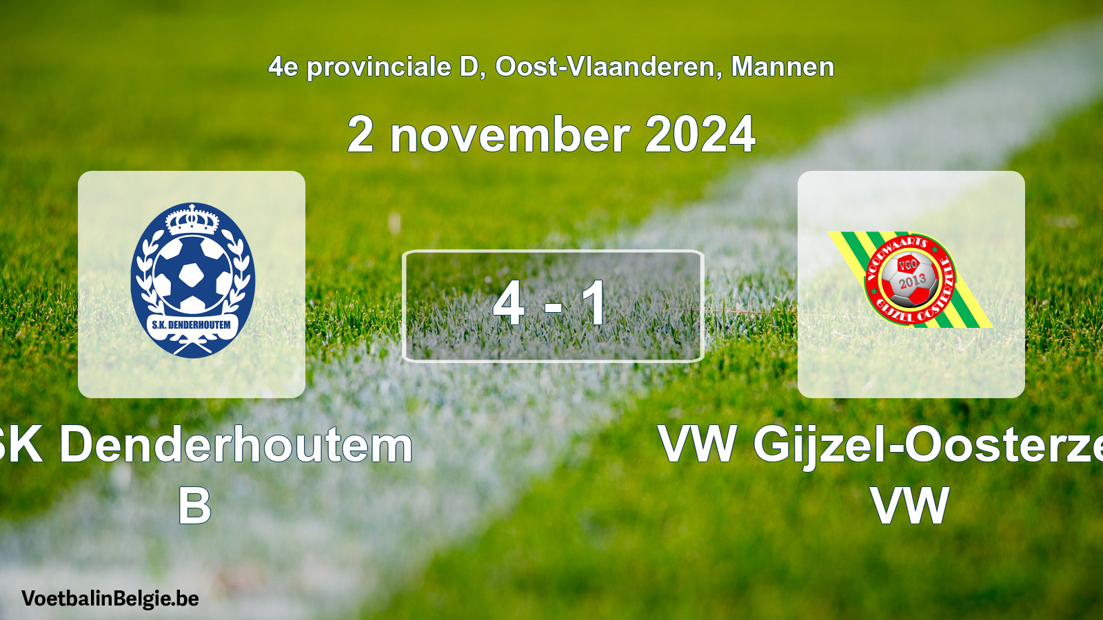 Gespeelde wedstrijd mannenvoetbal: SK Denderhoutem B - VW Gijzel-Oosterzele VW 4 - 1 (2 november 2024)