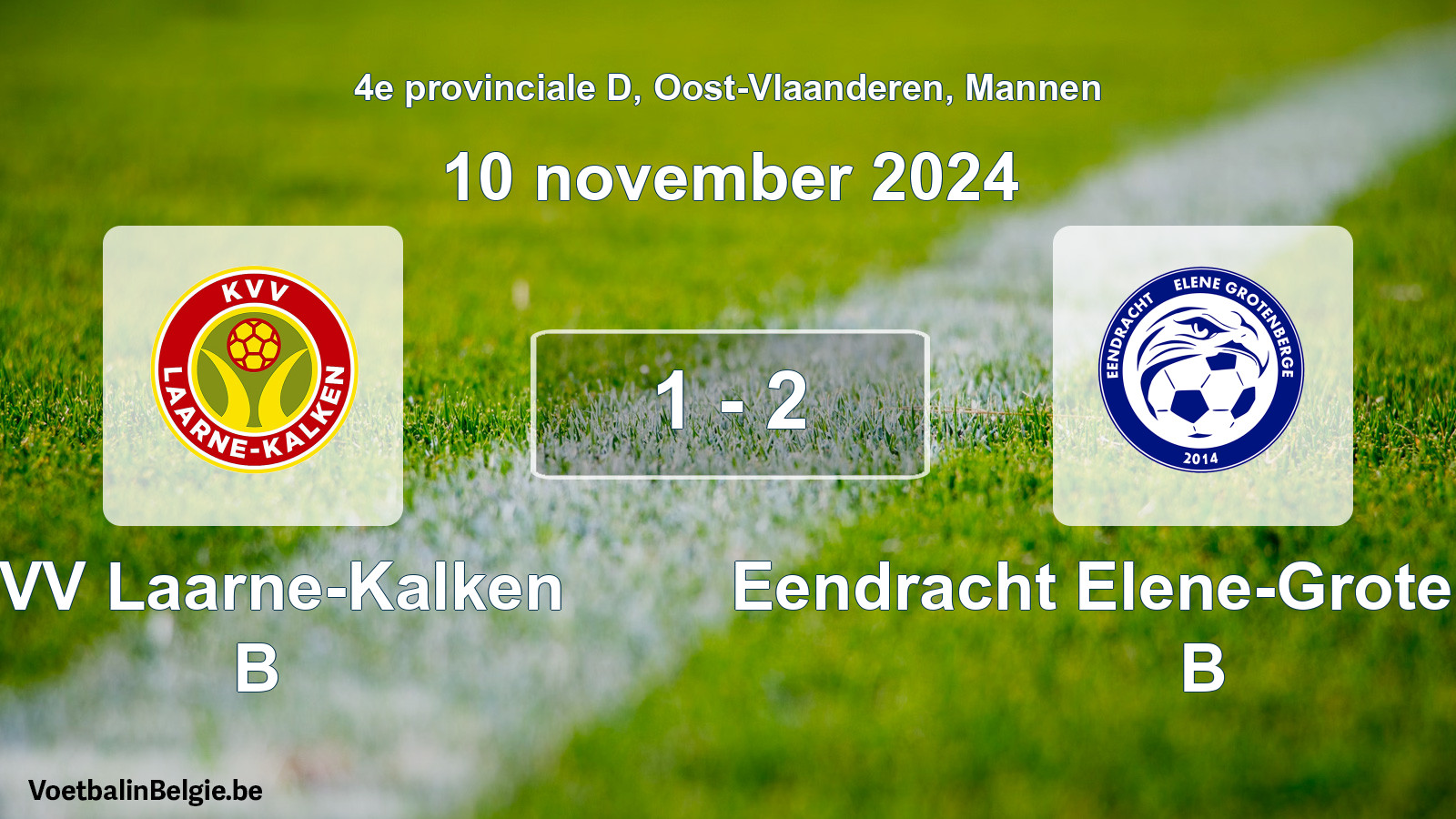 Gespeelde wedstrijd mannenvoetbal: KVV Laarne-Kalken B - Eendracht Elene-Grotenberge B 1 - 2 (10 november 2024)