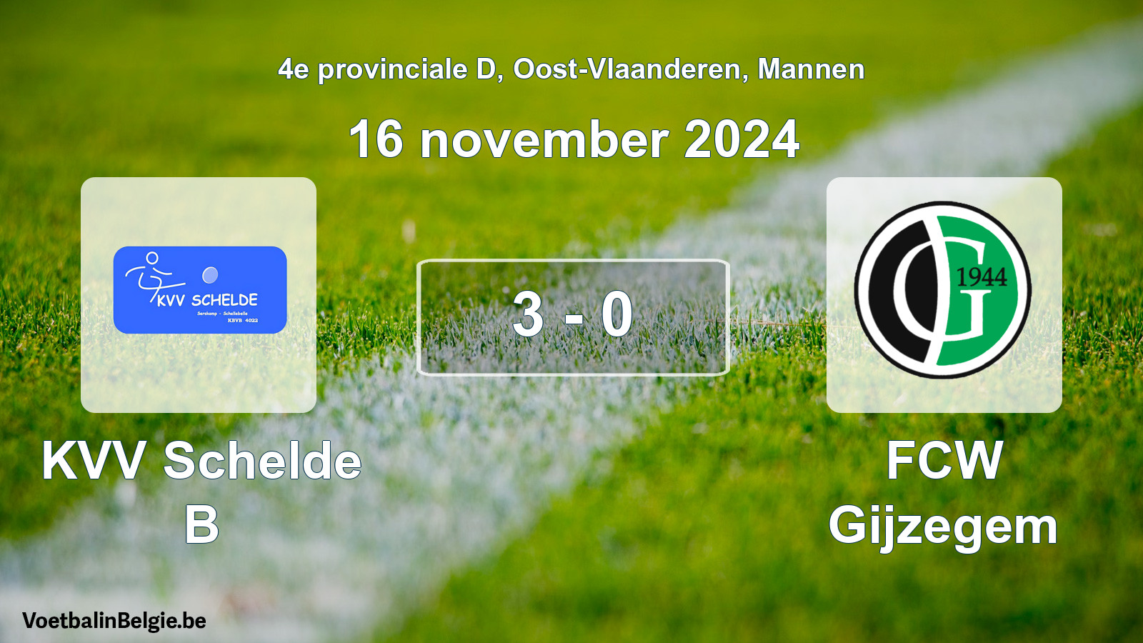 Gespeelde wedstrijd mannenvoetbal: KVV Schelde B - FCW Gijzegem 3 - 0 (16 november 2024)
