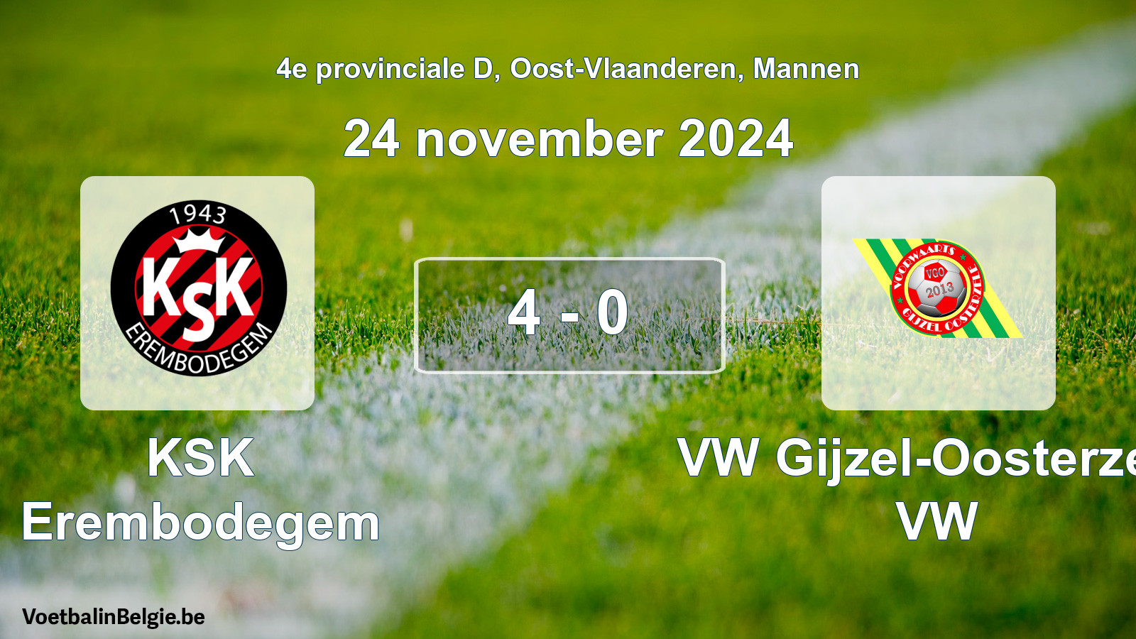 Gespeelde wedstrijd mannenvoetbal: KSK Erembodegem - VW Gijzel-Oosterzele VW 4 - 0 (24 november 2024)