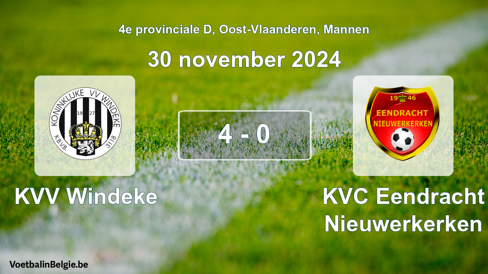 Gespeelde wedstrijd mannenvoetbal: KVV Windeke - KVC Eendracht Nieuwerkerken 4 - 0 (30 november 2024)