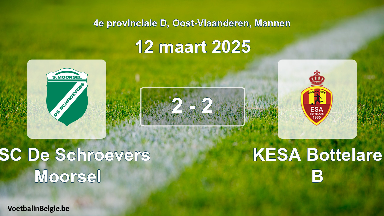 Gespeelde wedstrijd mannenvoetbal: KSC De Schroevers Moorsel - KESA Bottelare B 2 - 2 (12 maart 2025)