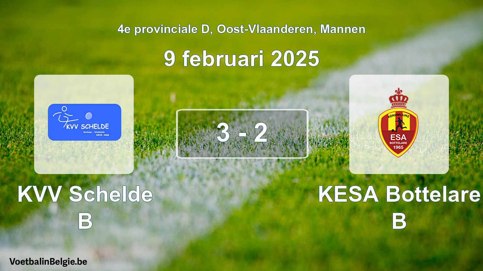 Gespeelde wedstrijd mannenvoetbal: KVV Schelde B - KESA Bottelare B 3 - 2 (9 februari 2025)