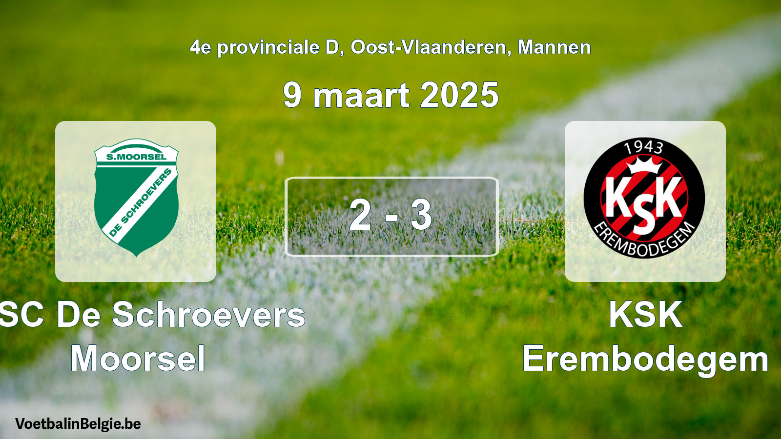 Gespeelde wedstrijd mannenvoetbal: KSC De Schroevers Moorsel - KSK Erembodegem 2 - 3 (9 maart 2025)