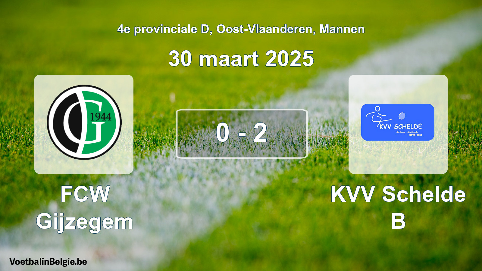 Gespeelde wedstrijd mannenvoetbal: FCW Gijzegem - KVV Schelde B 0 - 2 (30 maart 2025)