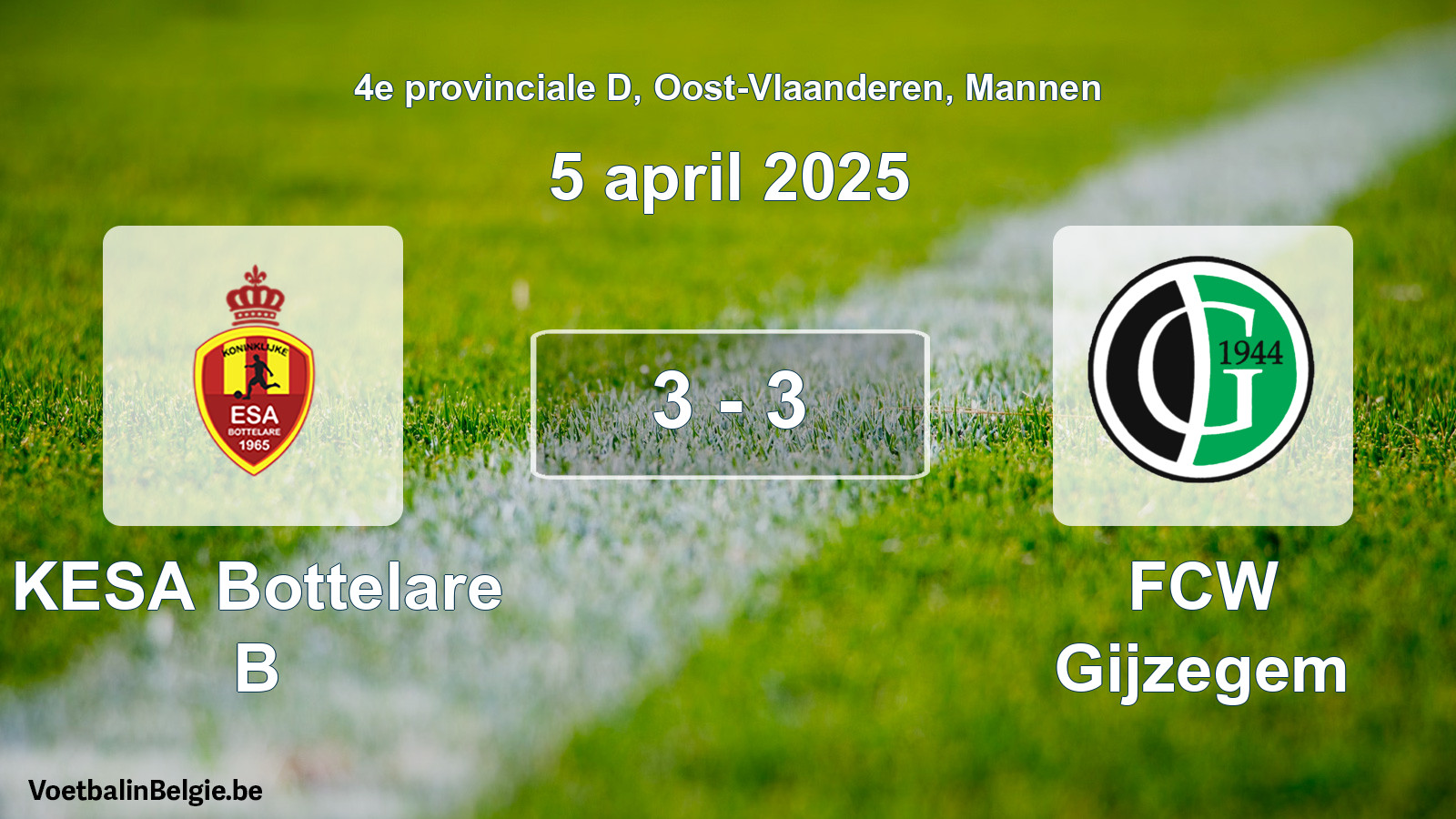 Gespeelde wedstrijd mannenvoetbal: KESA Bottelare B - FCW Gijzegem 3 - 3 (5 april 2025)