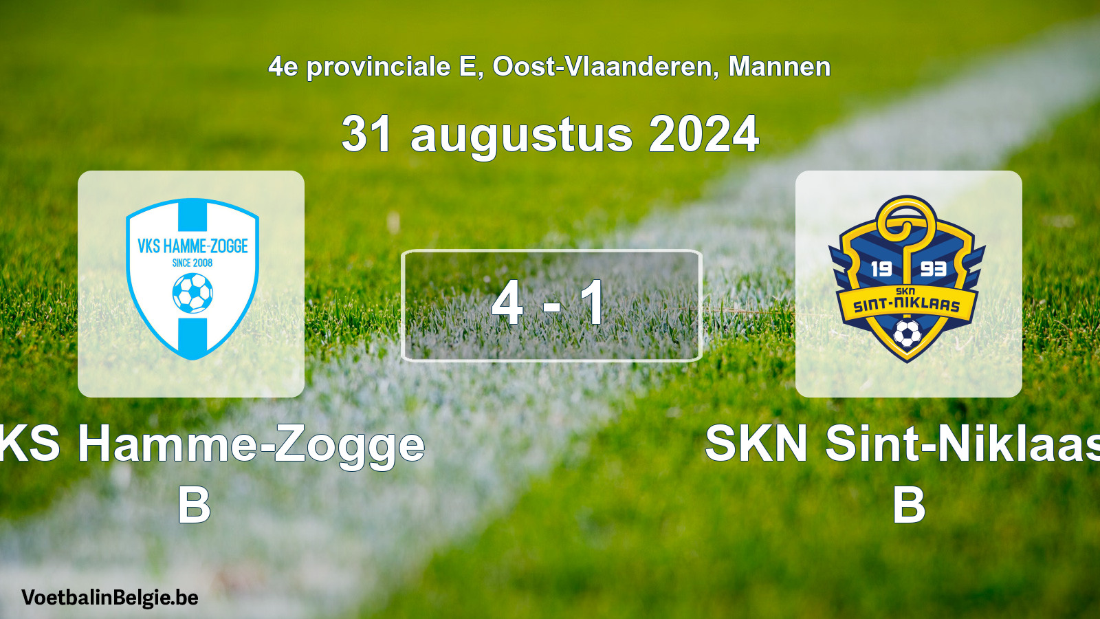 Gespeelde wedstrijd mannenvoetbal: VKS Hamme-Zogge B - SKN Sint-Niklaas B 4 - 1 (31 augustus 2024)