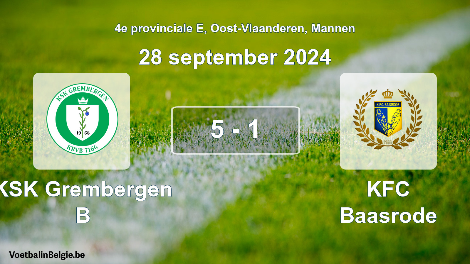 Gespeelde wedstrijd mannenvoetbal: KSK Grembergen B - KFC Baasrode 5 - 1 (28 september 2024)