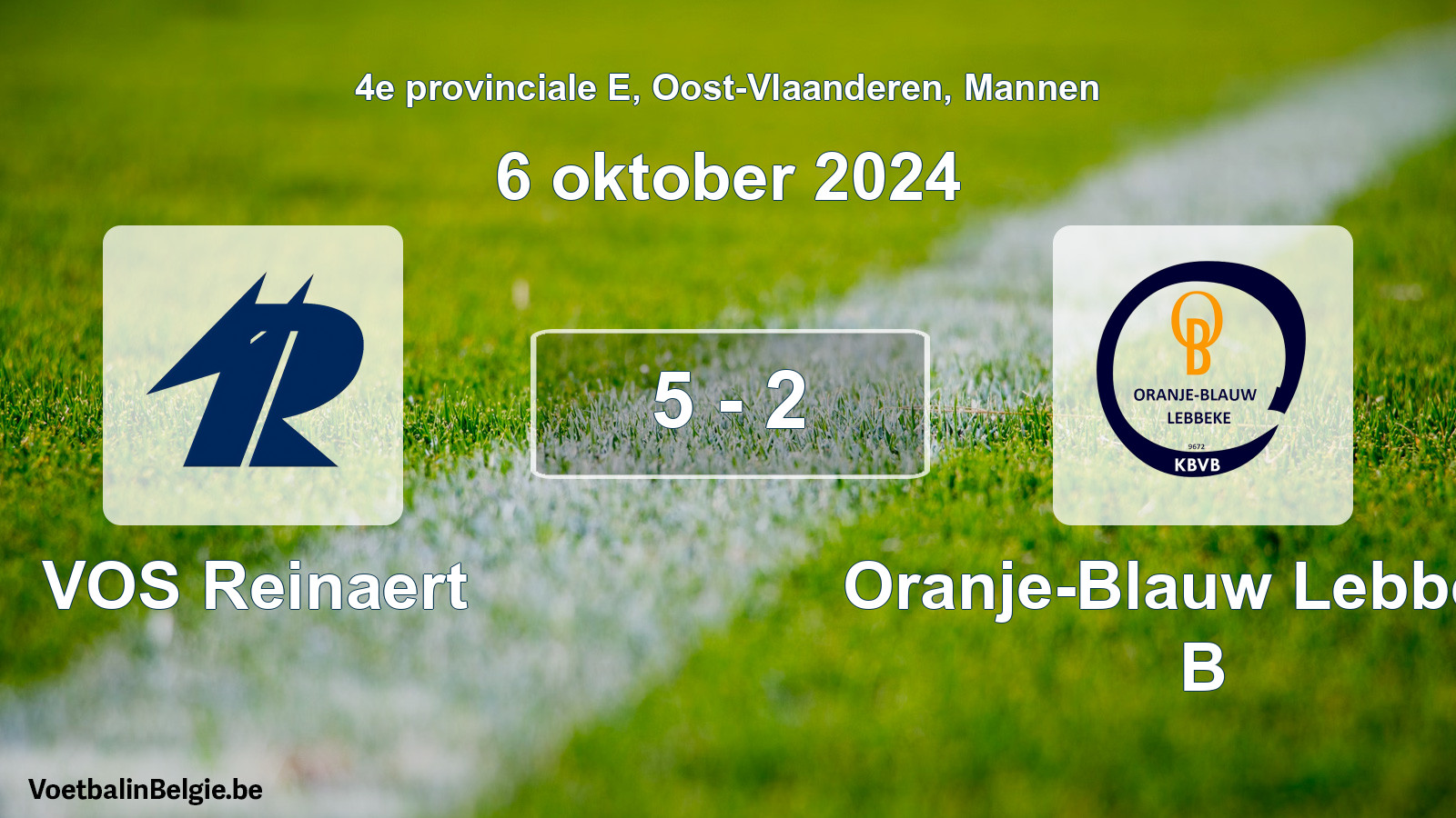 Gespeelde wedstrijd mannenvoetbal: VOS Reinaert - Oranje-Blauw Lebbeke B 5 - 2 (6 oktober 2024)