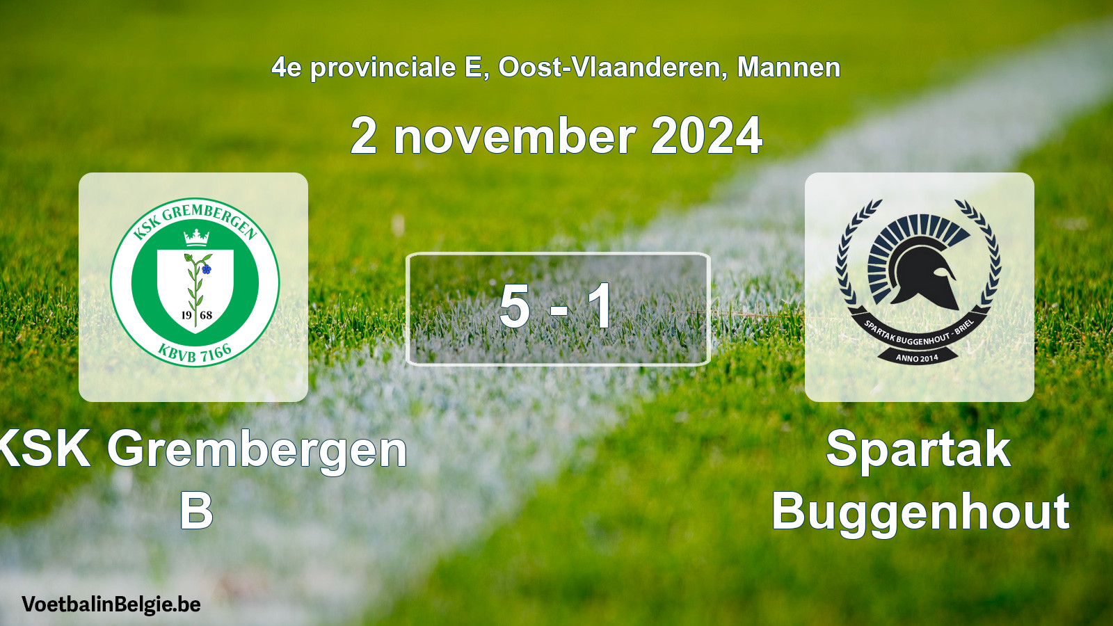 Gespeelde wedstrijd mannenvoetbal: KSK Grembergen B - Spartak Buggenhout 5 - 1 (2 november 2024)