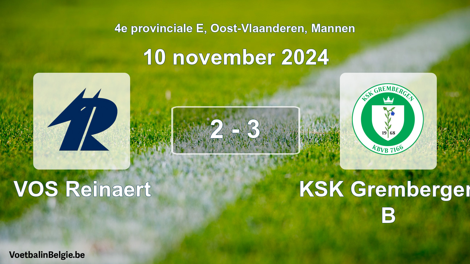 Gespeelde wedstrijd mannenvoetbal: VOS Reinaert - KSK Grembergen B 2 - 3 (10 november 2024)