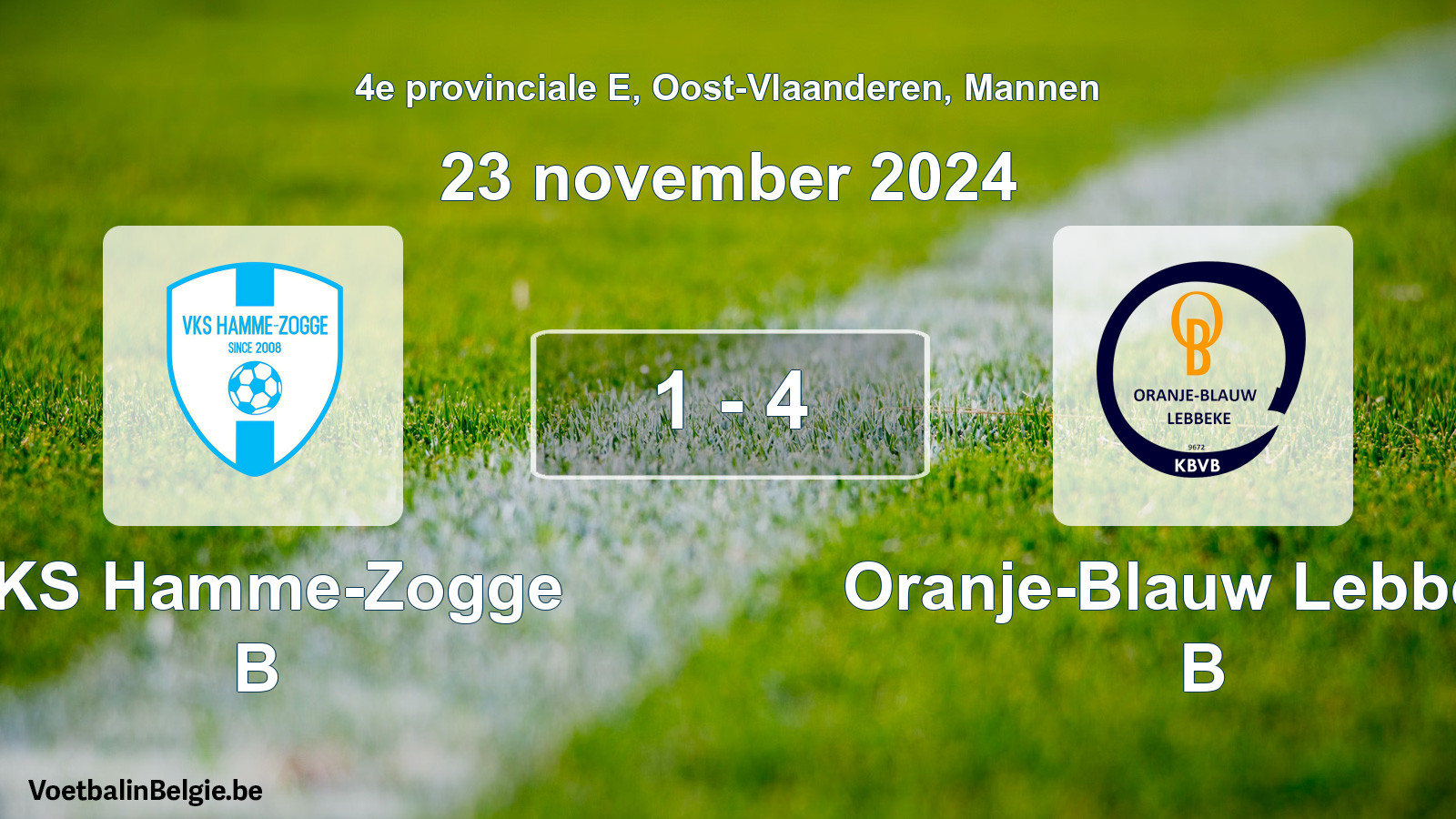 Gespeelde wedstrijd mannenvoetbal: VKS Hamme-Zogge B - Oranje-Blauw Lebbeke B 1 - 4 (23 november 2024)