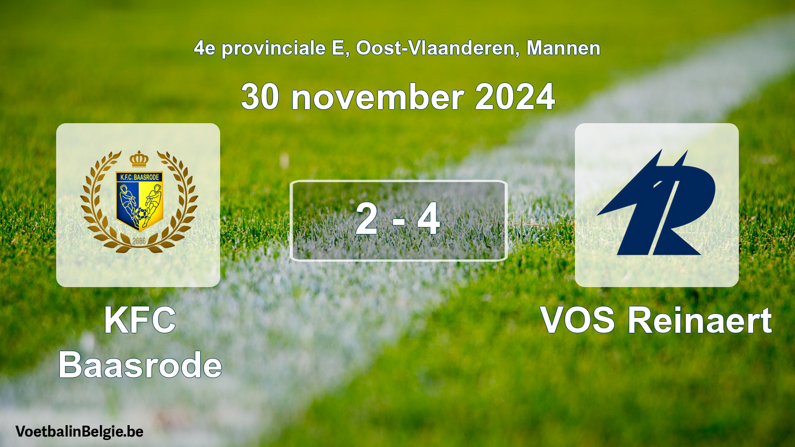 Gespeelde wedstrijd mannenvoetbal: KFC Baasrode - VOS Reinaert 2 - 4 (30 november 2024)