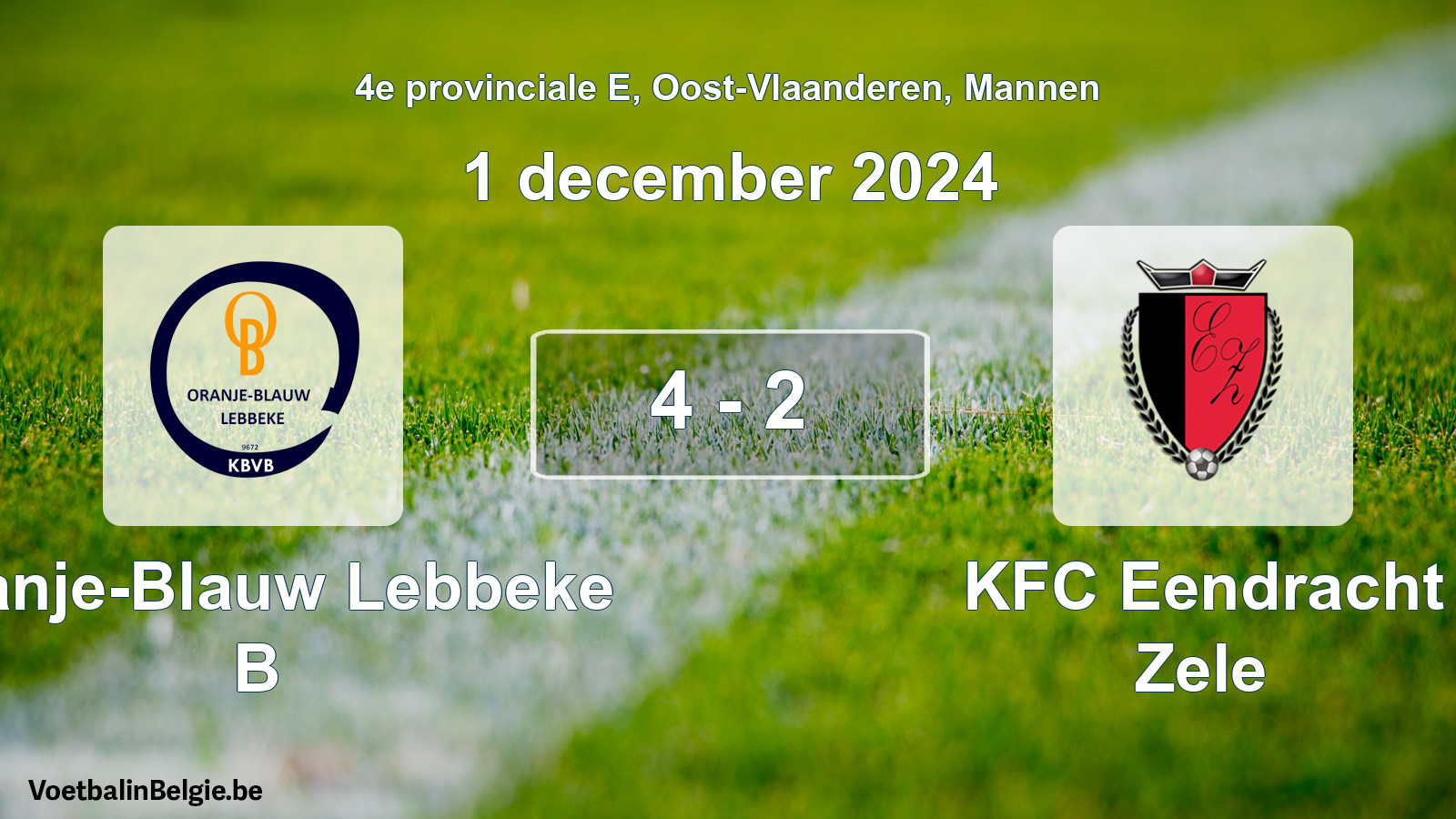 Gespeelde wedstrijd mannenvoetbal: Oranje-Blauw Lebbeke B - KFC Eendracht Zele 4 - 2 (1 december 2024)