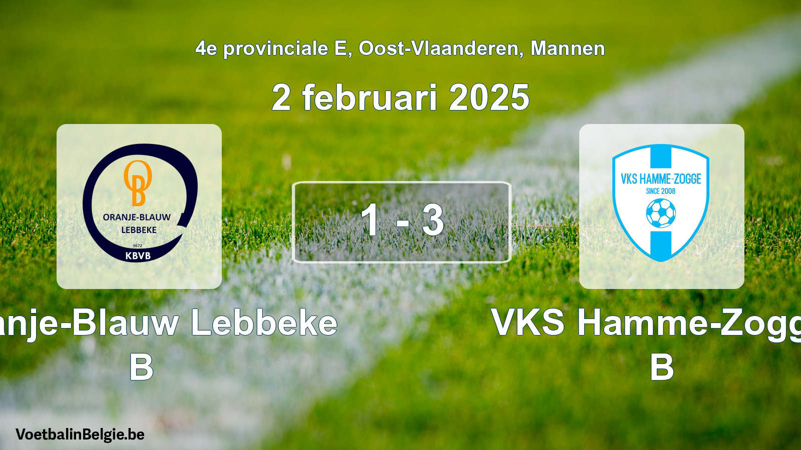 Gespeelde wedstrijd mannenvoetbal: Oranje-Blauw Lebbeke B - VKS Hamme-Zogge B 1 - 3 (2 februari 2025)