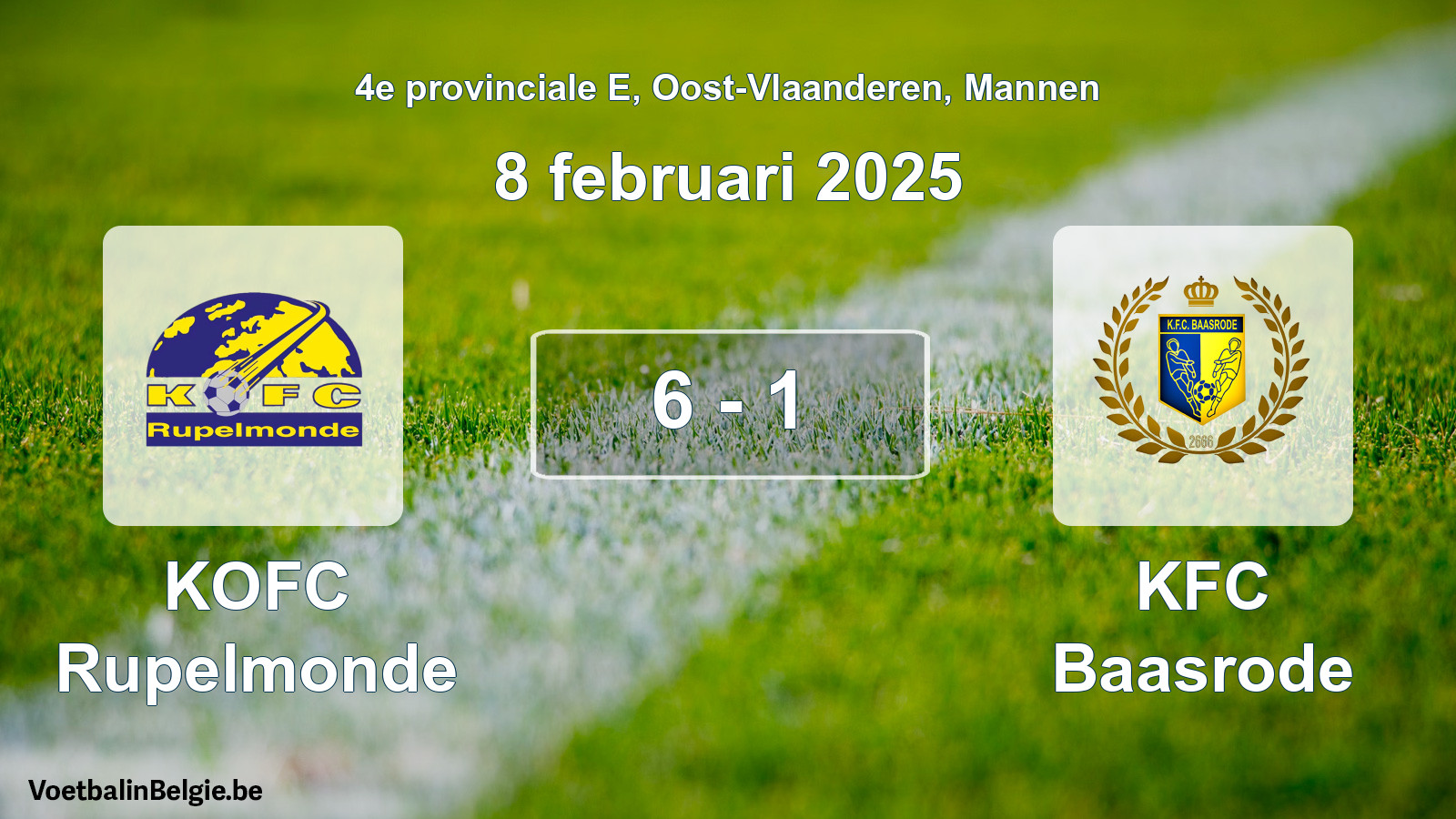 Gespeelde wedstrijd mannenvoetbal: KOFC Rupelmonde - KFC Baasrode 6 - 1 (8 februari 2025)
