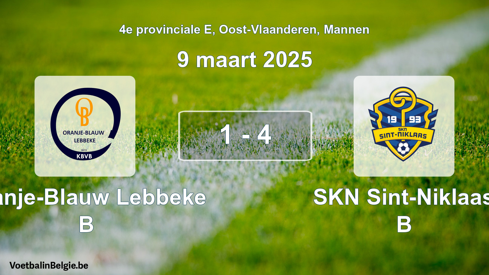Gespeelde wedstrijd mannenvoetbal: Oranje-Blauw Lebbeke B - SKN Sint-Niklaas B 1 - 4 (9 maart 2025)