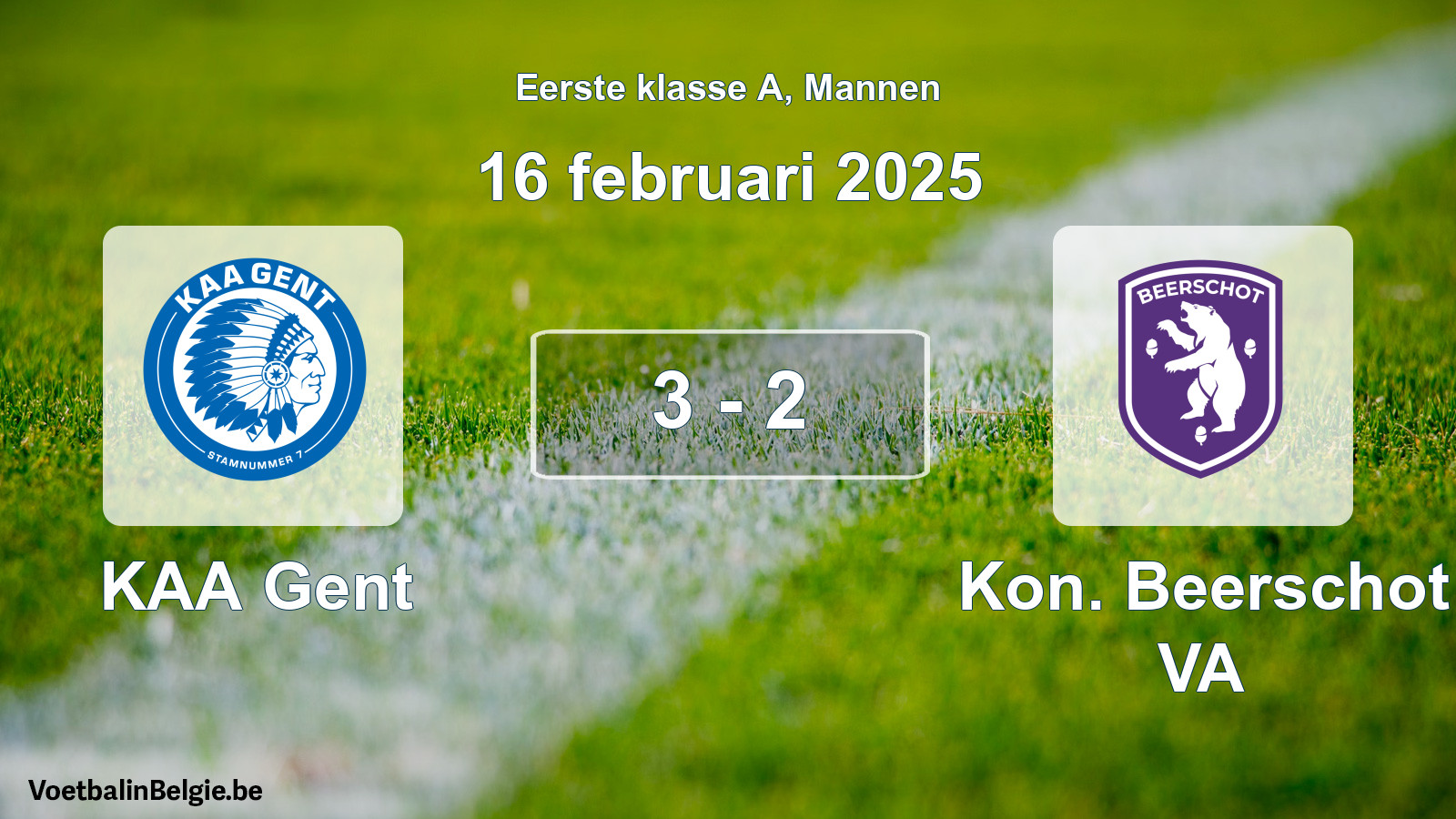 Gespeelde wedstrijd mannenvoetbal: KAA Gent - Kon. Beerschot VA 3 - 2 (16 februari 2025)