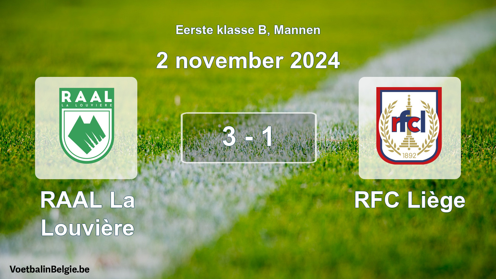 Gespeelde wedstrijd mannenvoetbal: RAAL La Louvière - RFC Liège 3 - 1 (2 november 2024)