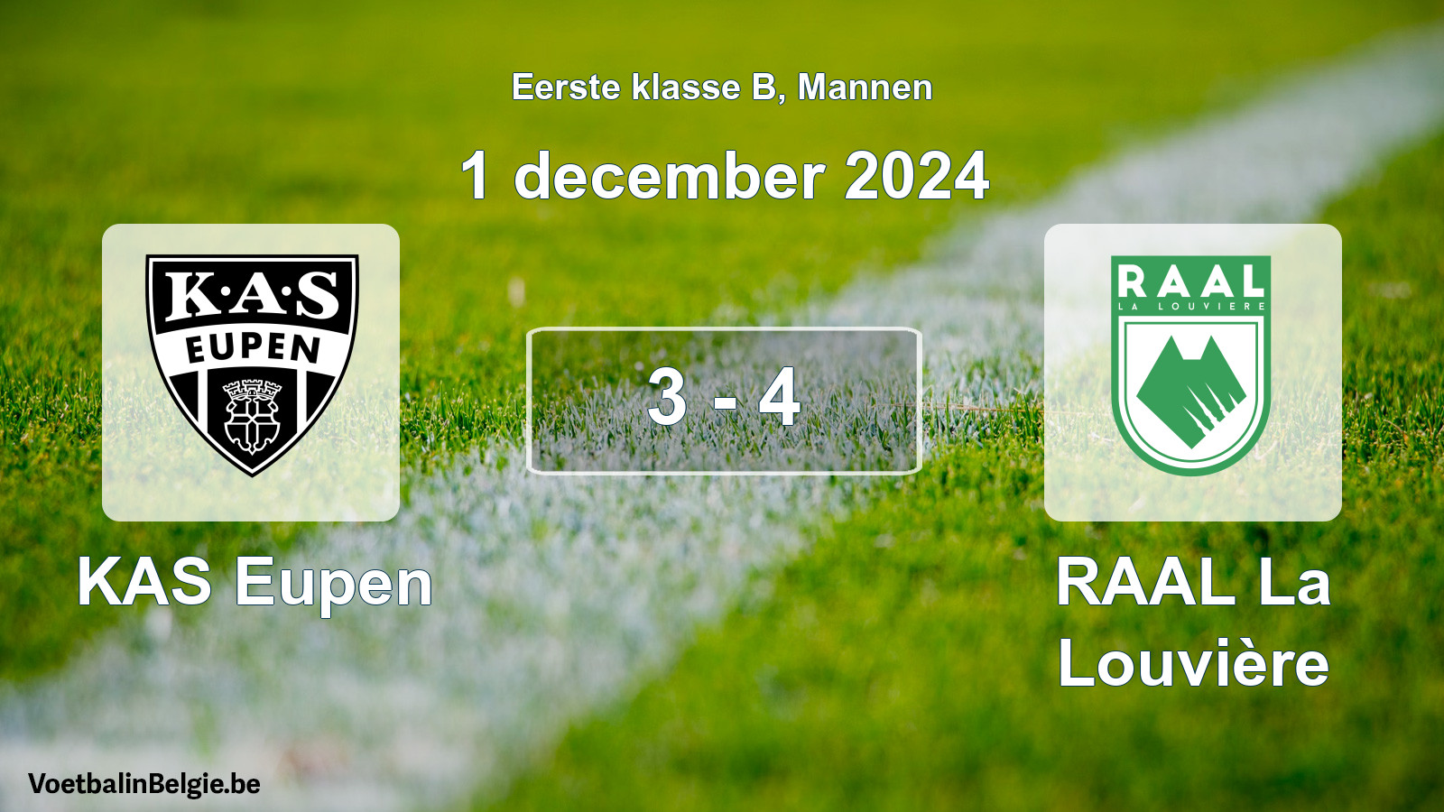 Gespeelde wedstrijd mannenvoetbal: KAS Eupen - RAAL La Louvière 3 - 4 (1 december 2024)