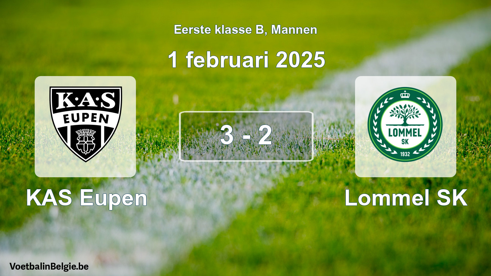 Gespeelde wedstrijd mannenvoetbal: KAS Eupen - Lommel SK 3 - 2 (1 februari 2025)
